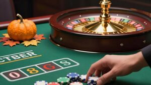 Mão posicionando fichas em mesa de roleta com folhas de outono para estratégias de cassino