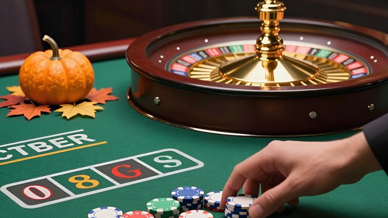 Mão posicionando fichas em mesa de roleta com folhas de outono para estratégias de cassino