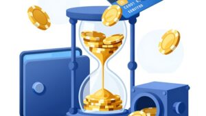 Стилизованные песочные часы с золотыми монетами, символизирующие сроки депозитов и вывода средств в 095bet-Jogos